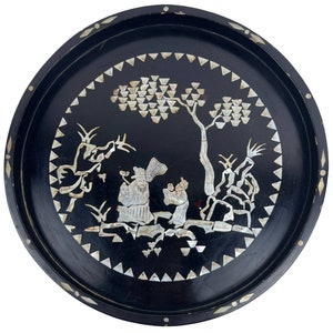 Antique Mother of Pearl Inlaid Lacquer Papier Mache Tray