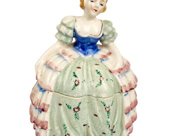 Vintage 1930s Figural Powder Box Hand Painted Lady Trinket Jar Vanity Decor