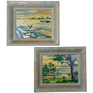 Pinturas vintage PBN dos anos 1950, pintadas por número, City Harbor Edge of Lake Craftint 31 M 100 Red Line