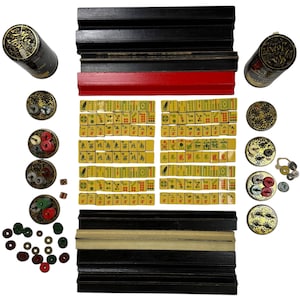 Vintage 1920s Chinese Mahjong Set 144 Celluloid on Wood Tiles w Davidson Montreal Tins