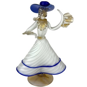 Vintage Murano Venetian Art Glass Figural Lady Figurine White Blue Clear & Aventurine