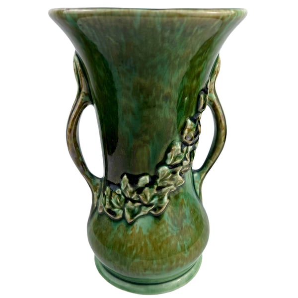 Vintage 1930s Brush McCoy Pottery Vase 840 Ivy Vine Handled Mottled Green 10.38” Tall