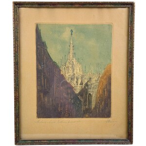 Antique Federico Marioni Etching – View of Milan Cathedral from Corso Vittorio Emanuele, Signed