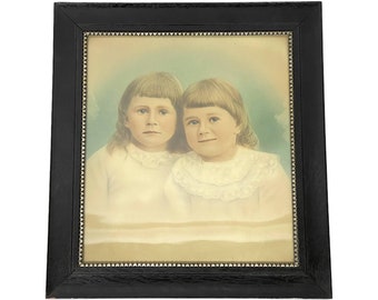 Antique Victorian Hand Tinted Photo of Children in Frame 13.75” x 15.5”