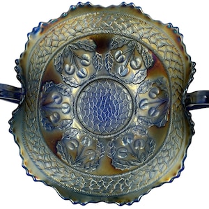 Antique Fenton Cherry Circles Carnival Glass 2 Handled Candy Dish Card Tray Iridescent Blue