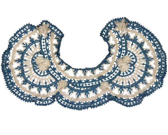 Large Antique Victorian Lace Collar Hand Made Blu… - image 1