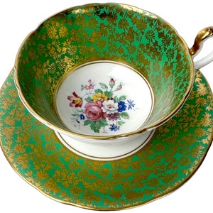 Vintage 1930s Aynsley Bone China Tea Cup & Saucer Green Floral Lace C848