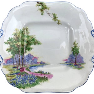 Vintage 1930s Aynsley Bone China Square Cake Plate Bluebell Time w Blue Trim