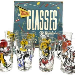 Vintage 1950s Circus Tumbler Set of 8 in Box Gaytime Glasses Dominion Glass Canada
