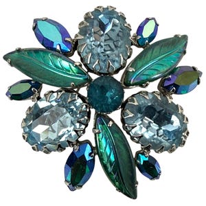 Vintage 1960s Juliana Style Blue Rhinestone and Molded Leaf Brooch
