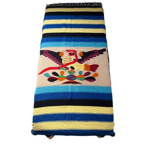 Vintage 1950s Mexican Serape Striped Woven Wool Blanket with Eagle Motif