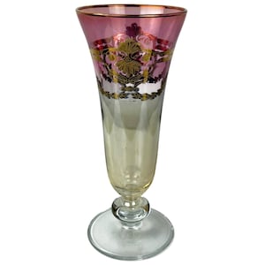 Antique Bohemian Glass Bud Vase Cranberry to Pale Yellow w Gilded Decoration 7”