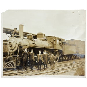 Antique 1917 Train Locomotive Photo w Crew 8” x 10” Sepia Photograph PS & PRR Marblehead