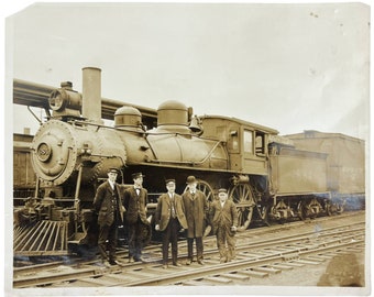 Antique 1917 Train Locomotive Photo w Crew 8” x 10” Sepia Photograph PS & PRR Marblehead