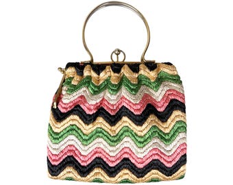 Bolsa de palha de ráfia vintage dos anos 1960 com estampa em zigue-zague.