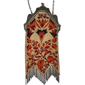 May include: A vintage beaded purse with a silver chain and a floral design in shades of orange, pink, and cream. The purse has a fringe trim.