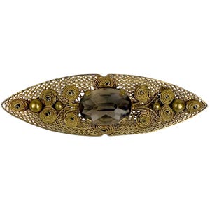 Vintage 1930s Gablonz Filigree Brooch – Bohemian Brass Mesh with Smoky Glass Stone Czech Pin