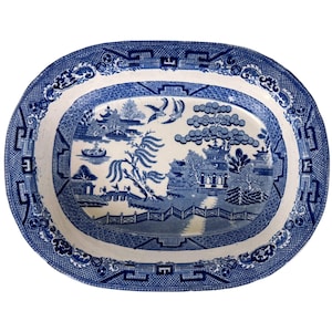 Tigela de servir antiga de salgueiro azul da década de 1890 John Meir & Son Staffordshire