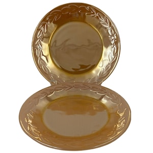 Vintage Fire King Peach Lustre Glass Laurel Salad Plate Pair 7 5/8”