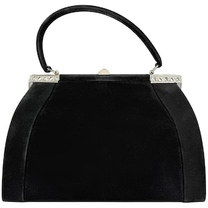 Vintage 1950s Black Suede Handbag by Normandie Montreal with Silver-Tone Frame