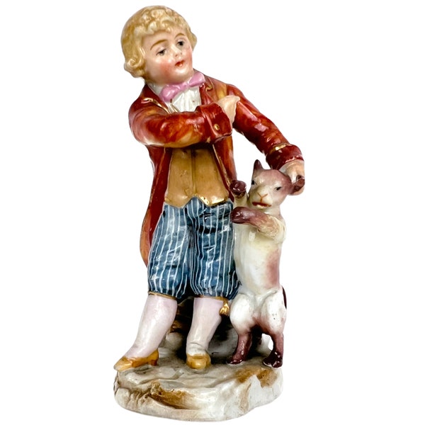 Antique 19th c Sitzendorf Porcelain Miniature Figurine of Boy with Dog Gebruder Voigt