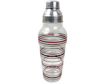 Art Deco Cocktail Shaker Rings Glass Black Red Striped Pattern w Aluminum Top