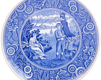 Spode Blue Room Collection “Woodman” Flat Cake Plate – Blue Transferware Dessert Platter 11 3/8"