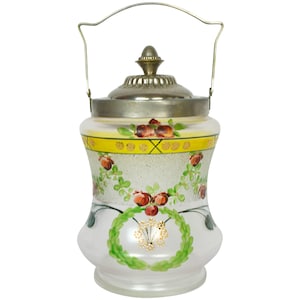 Tarro para galletas de vidrio satinado antiguo con diseño floral pintado