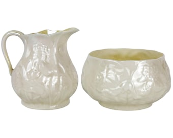 Antique Belleek Ireland Lotus Pattern Creamer and Sugar Bowl Set c.1926-1946