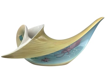 Large Mid Century Italian Ceramic Centrepiece Vase Ceramica Celesta Italy Shell Form w Sea Life Coastal Decor 20"