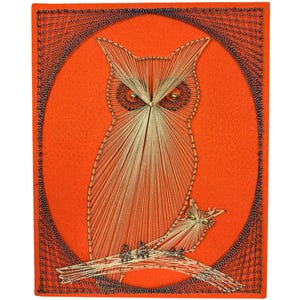 May include: A string art owl with orange felt background and a black frame. The owl is made of string and nails, and has a detailed design.