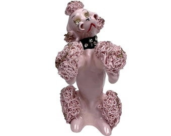 Vintage Pink Spaghetti Poodle Dog Figurine Standing on Hind Legs 5”