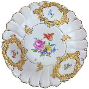 Vintage 1930s Meissen Porcelain Charger Bowl Dish Hand Painted Polychrome Flowers with Gold