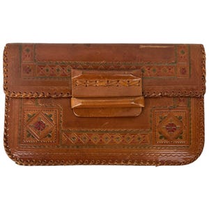 Vintage 1930s 40s Latvian Hand-Tooled Leather Clutch with Strap – Art Deco Folk Motif