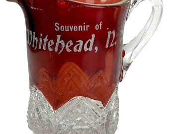 EAPG Ruby Flashed Souvenir Creamer Whitehead Nova Scotia – McKee OMN No.139 Banded Hearts c1897