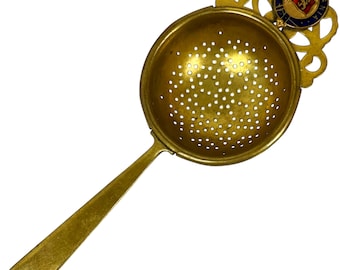 RMS Aurania Brass Tea Strainer 1920s Cunard Line Ocean Liner with Enamel Badge