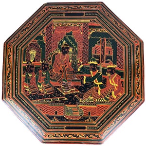 Vintage Burmese Lacquer Table Top Court Scene Burma