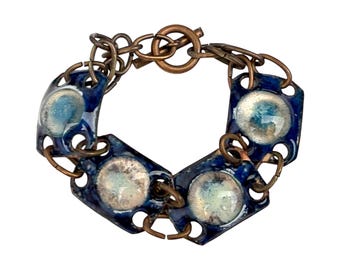 Bracelet vintage des années 1950 en émail sur cuivre avec émail bleu abstrait