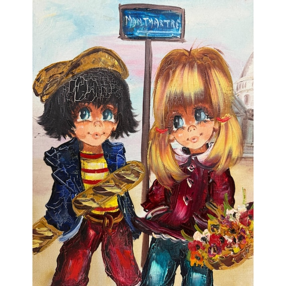 ✨ヴィンテージ✨絵画✨ビッグアイ黒人男の子 1974 Vintage Big Eyes Girl & Boy Painting Pair by Y Yenele