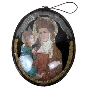 Antieke katholieke souvenir Ste Anne de Beaupre bolle glazen lijst