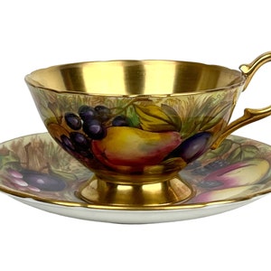 Vintage Aynsley Gold Orchard Fruit Cup & Saucer Signed D Jones Bone China