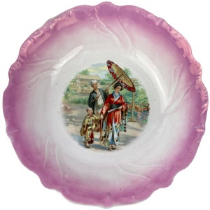 Antique Porcelain Bowl Japanese Family Transfer Image w Pink Lustre Rim