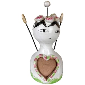 Vintage Ceramic Pincushion & Thread Holder Figural Lady Figurine