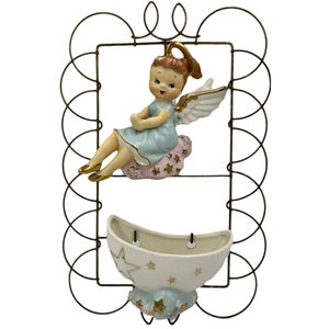 Vintage 1950s 60s Angel Figurine Wire Wall Hanging Planter MIJ Ceramic