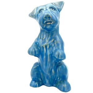 May include: A blue ceramic figurine of a dog standing on its hind legs with its front paws raised. The dog has a textured surface and a glazed finish.
