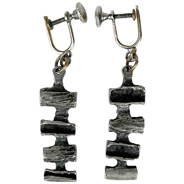 Vintage 1960s Brutalist Dangle Earrings Pewter Gilles Vidal