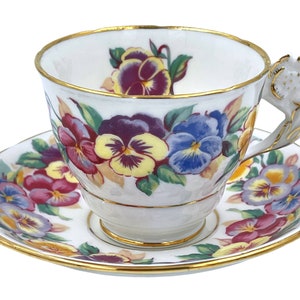 Vintage Royal Stafford Viola English Bone China Tea Cup & Saucer w Flower Handle