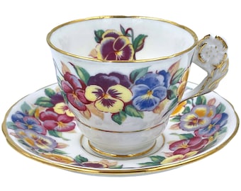 Vintage Royal Stafford Viola English Bone China Tea Cup & Saucer w Flower Handle