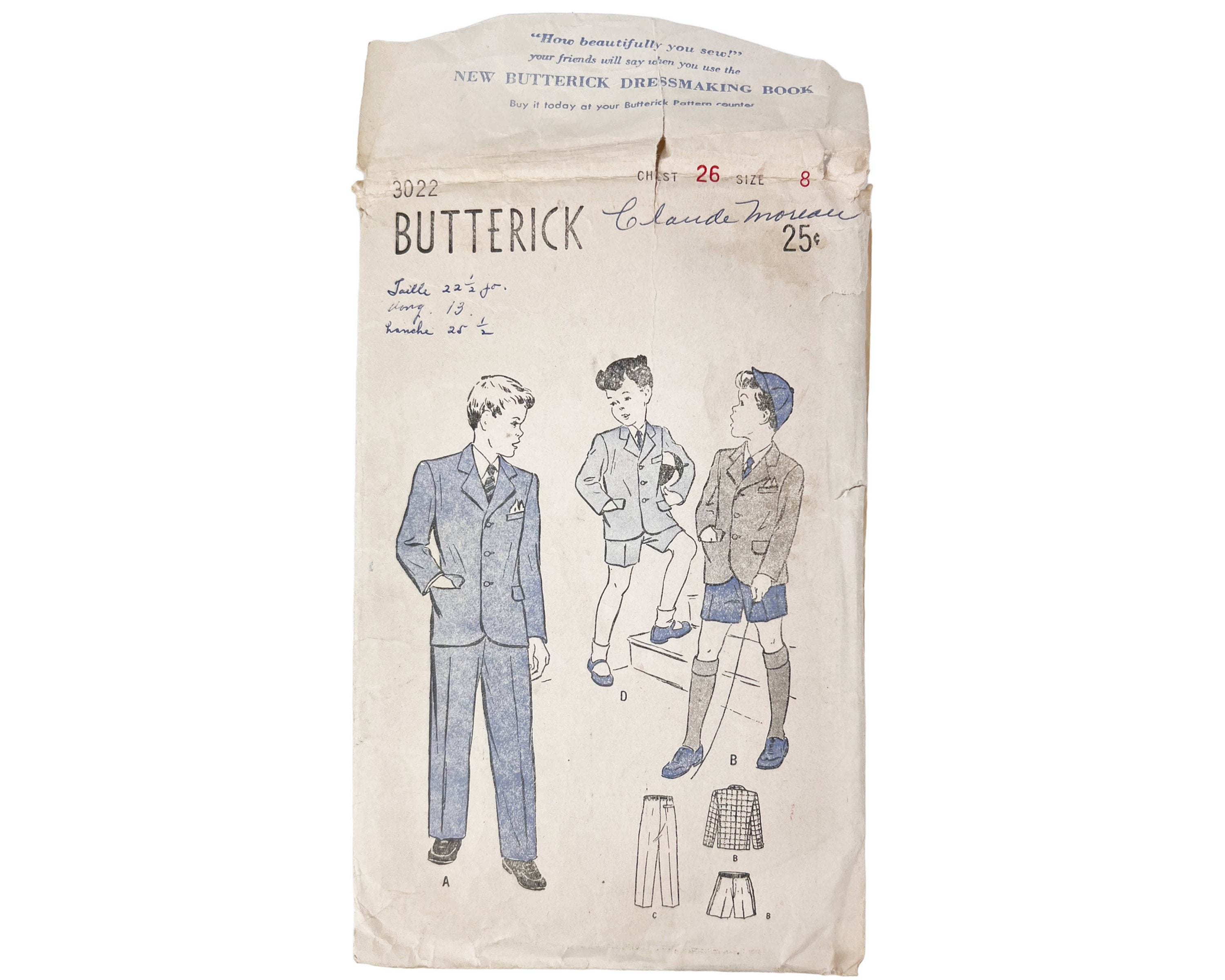 Vintage 1940s Sewing Pattern Butterick 2 Piece Boys Suit Size 8