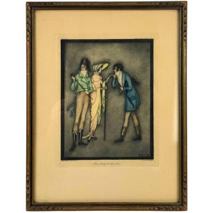 Vintage Hand-Coloured Aquatint Facsimile Print – &quot;Two Strings to Her Bow&quot; by K. Harou-Romain, c.1920s